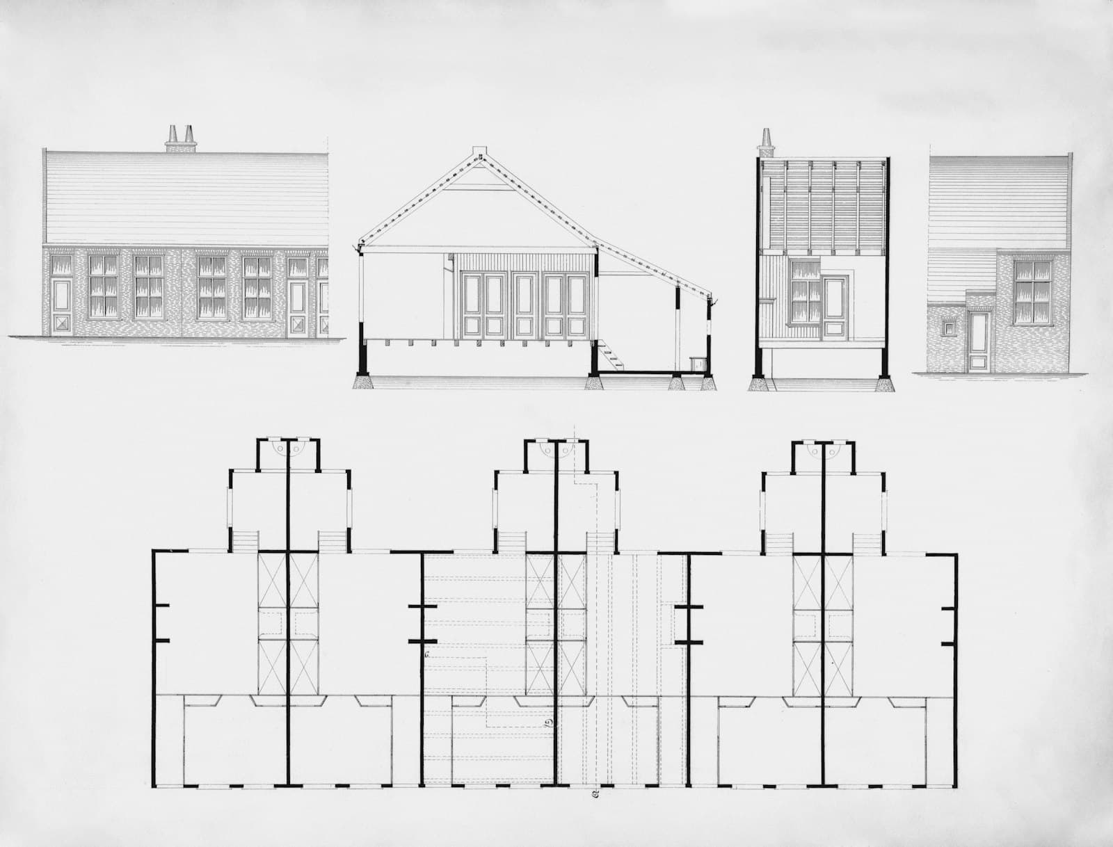 Architectural blueprint of a house — front and side elevations above measured floor plans